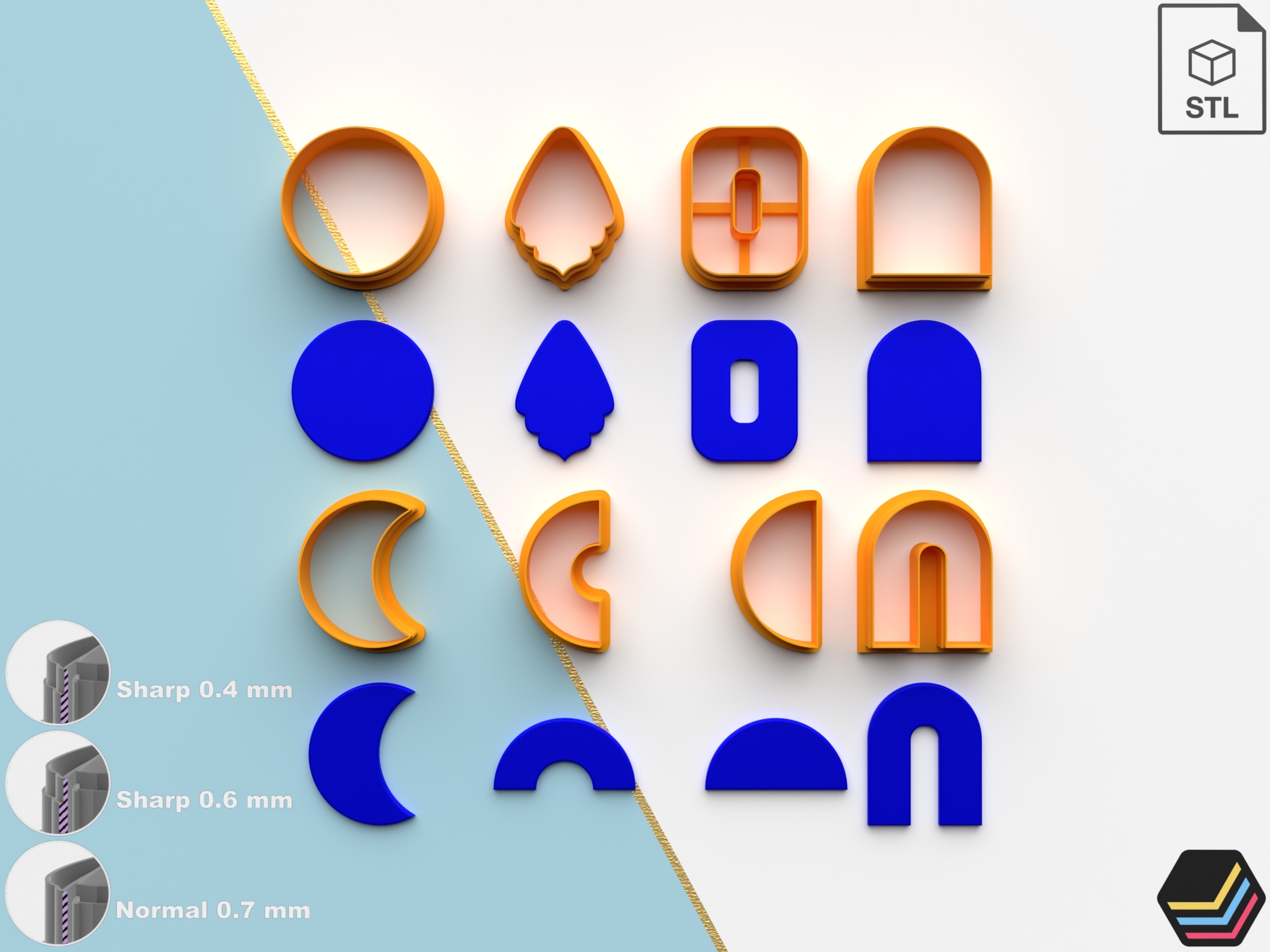 STL Set of Polymer Clay Cutters in 8 Designs, 6 Measurements and 3 Cutting Versions/Digital Files for 3D Printing